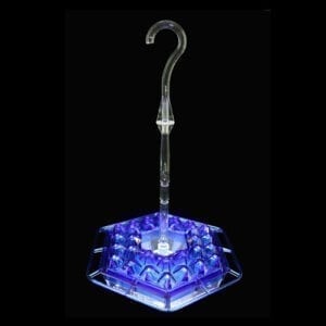 A blue light up umbrella stand with a question mark on it.