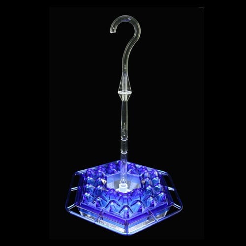 A blue light up umbrella stand with a question mark on it.